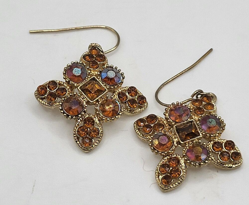 Vntg GoldTone Maltese Cross Dangle Earring Amber Topaz Rhinestone Crystal AB 2in